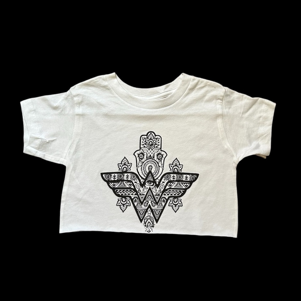 White T-Shirt with Black Geometric Design Wonder Woman crop top